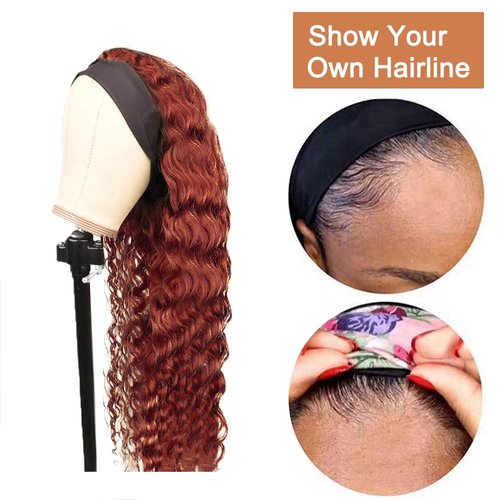 YiweYowe 32 Inch #33 Reddish Brown Headband Wig Human Hair 150% Density Grade 8A Unprocessed Brazilian Virgin Hairs Machine Made Auburn Brown Water Wave Headband Wig Human Hair None Lace Front Wig