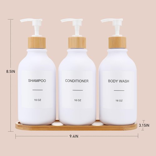 Shampoo and Conditioner Dispenser, Shower Soap Dispenser with Bamboo Pumps/Tray, Refillable Shampoo and Conditioner Bottles, Shower Shampoo Dispenser 3 Chamber, 16oz(White)