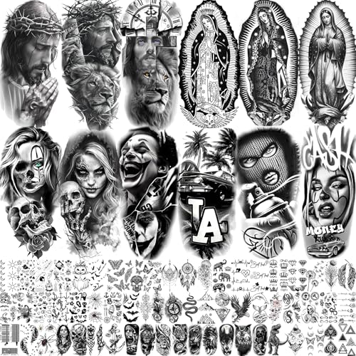 74 Sheets Chicano Jesus Christ God Temporary Tattoos For Men Women Adults Arm Cholo, Guadalupe Half Arm Sleeve Fake Tattoo Sticker Mexico West Coast Culture, Temp Chicana Prison Halloween Tattoo Chola