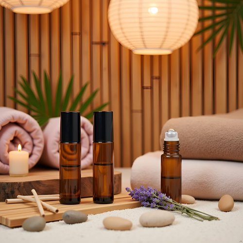 Jizlan 4 Pack 10ml Oil Essential Stainless Roller Bottles, Refillable Amber Glass Roller Bottles for Travel, Perfume and Lip Gloss with Steel Roller Balls and Caps