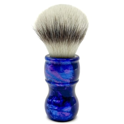 Parker “Blue Storm” Deluxe Synthetic Shaving Brush & Stand – 24 mm Knot, Iridescent Resin Handle, Ergonomic 122 mm Length, Handmade with a High Bristle Density for Rich Lather