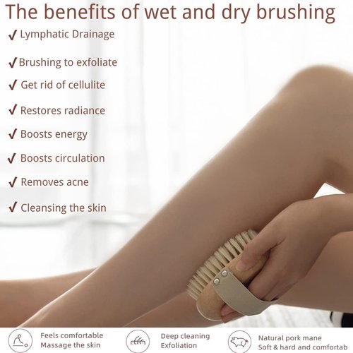 Ergonomic Premium Wood Body Brush for Wet & Dry Use - Easy to Carry, Soft Bristles Exfoliate Dead Skin & Cellulite, Ideal for Dry Brushing, Enhances Skin Health & Circulation