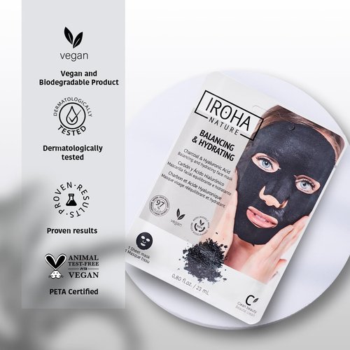 IROHA NATURE Rebalancing & Hydrating Tissue Face Mask | 15 Pieces | With Charcoal & Hyaluronic Acid | Deep Purifying for Clean, Clear Skin | Results in 15 Minutes | 100% Vegan
