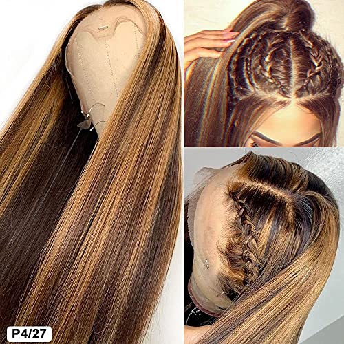 Highlight Lace Front Brazilian Virgin Human Hair Wigs 4/27 Ombre Colored Pre Plucked Straight 13x4 Lace Frontal Wig with Baby Hair 150% Density Bleached Knots for Black Women (18 Inch, 4/27 Straight)