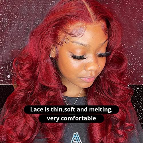 MUPRETTY 30 Inch Burgundy Lace Front Wig, 100% Unprocessed Brazilian Virgin Human Hair, Body Wave, 180% Density, T Part Lace Wig, Natural Hairline
