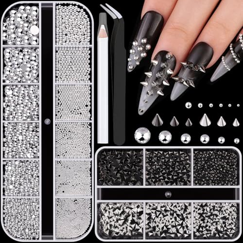3D Mini Punk Nail Studs Cone Spike Alloy Rivets (Black+Silver), Flatback Nail Pearls and Round Steel Balls Beads(Silver), Goth Nail Charms and Gems for Nail Accessories