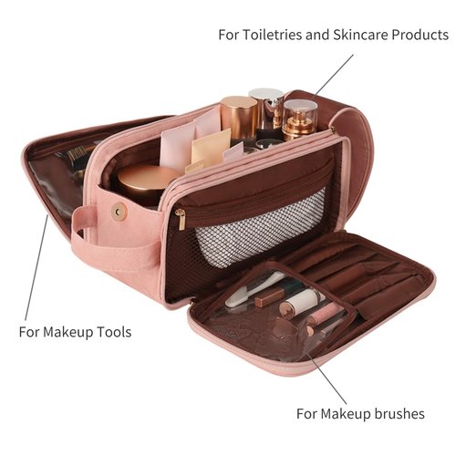 LANTIM Makeup Travel Bag Cosmetic Bag, Toiletry Bag for Women Large Capacity PU Leather Make Up Organizer Dorm Room Essentials (Pink)