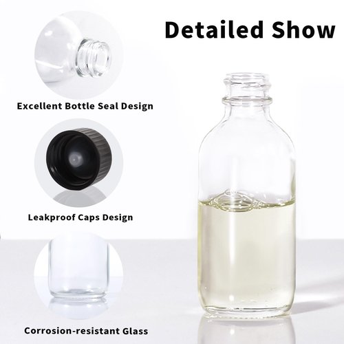8 Pack, 2 oz Small Clear Glass Bottles with Lid and Funnels - 60ml Boston Shot Bottles With Caps, Immunity, Potion, Wellness, Sample, Ginger, Juice - Mini Personal Care & Beauty Travel Bottle