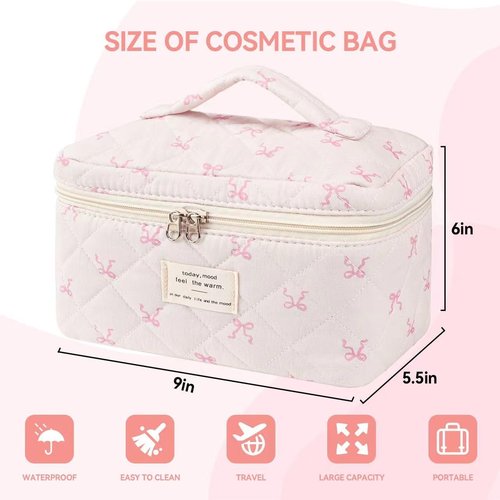 Large Travel Quilted Makeup Bag，Cute Bow Cotton cosmetic bag, Fashionable aesthetic makeup bag,Coquette Aesthetic Floral Travel Toiletry Bag for Women and Girls