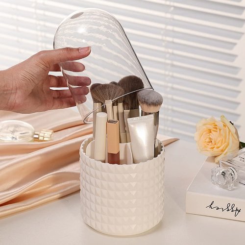 Makeup Brush Holder Organizer with Lid,360° Rotating Dustproof Make Up Brushes Container with Clear Acrylic Cover, Spinning Cosmetics Holders Storage Cup with 5 Compartment for Vanity and Bathroom