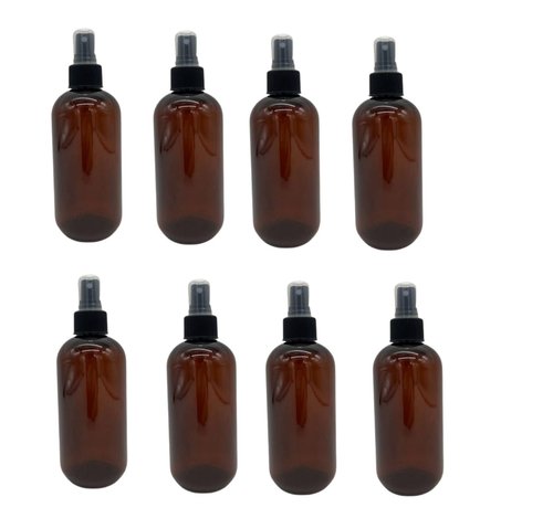 Natural Farms 8 oz Plastic Amber Boston BPA FREE Bottles - 8 Pack Empty Refillable Containers - Essential Oils Cleaning Products - Aromatherapy | Black Fine Mist Sprayers - Made in the USA