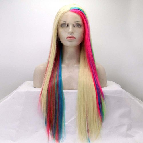 melody wig 613#Mixed Blonde Colorful Wig Synthetic Rainbow Lace Front Wigs Long Silky Straight Wig Heat Resistant Fiber Long Wigs