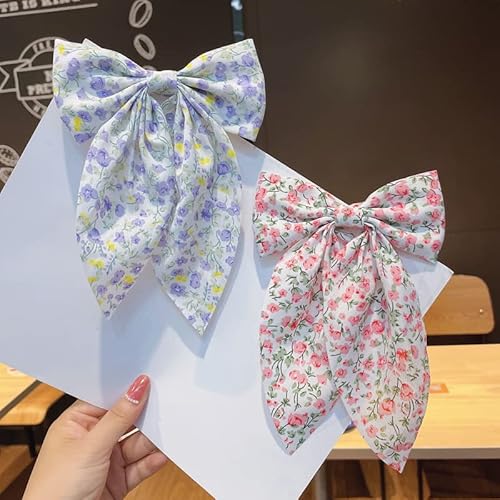 Chiffon Hair Bows for Women Girls,4 PCS Barrette Hair Clip Long Black Ribbon Bows French Style Hair Accessories for Summer (Pink,Yellow,Blue,Purple)