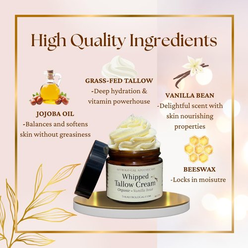 Astrolo Gal Apothecary Organic Vanilla Whipped Tallow Cream – 100% Grass-Fed | Natural Moisturizer for Dry Skin, Sensitive Skin, Face & Body – 2 oz