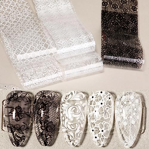 SILPECWEE 20 Rolls Lace Nail Foil White and Black Nail Transfer Foil Flower Nail Art Foils Decals Holographic Foils for Nails Manicure Stickers for DIY Acrylic Nails Decoration