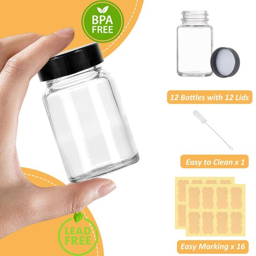 2 oz Small Clear Glass Bottles with Lids - 12 Pcs Wide Mouth Shot Bottles with Caps for Ginger Shots, Juice, Potion, Liquids, Whiskey - Mini Travel Bottles with Funnels, Stickers (12PCS-Clear)