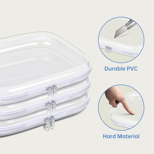 SXS LACONIC Clear Hard Plastic Zipper Case,Transparent Double Zippers Hard Pouch with 3pcs,Portable Travel Organizer Bin for Toy Storage