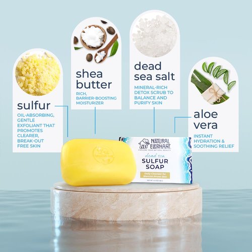 Natural Elephant Dead Sea Sulfur Soap 4.4 oz with Dead Sea Salt, Aloe Vera, Sulphur Face and Body Cleanser Bar for All Skin Types (6 Pack (26.4 oz Total))