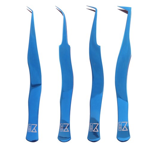 M LASH Eyelash Tweezers for Eyelash Extensions (Set of 4) - Professional Lash Extension Tweezers - Fiber Tip Lash Tweezers, Japanese Steel, Diamond Grip For Flawless Application (Blue)