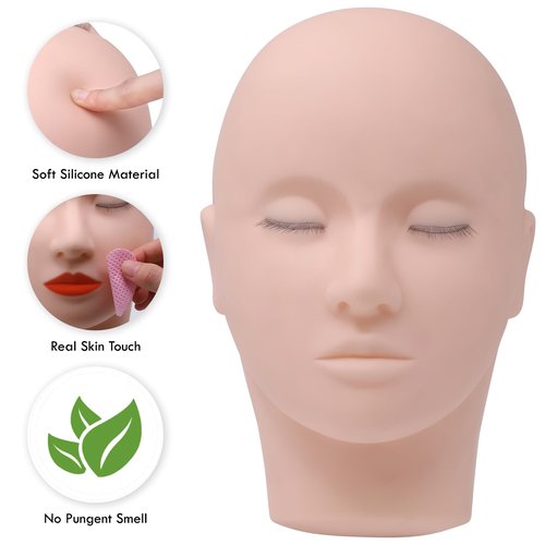 Miuffue Lash Mannequin Head with 3 Lash Layers, Practice Training Manikin for Makeup and Eyelash Extensions, Soft-Touch Silicone Rubber Flat Doll Head