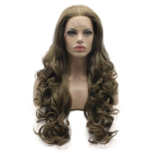 Lushy Hair Wavy Long 24inch Ash Brown Blonde Mix Wig Heat Resistant Heavy Density Realistic Synthetic Lace Front Wig