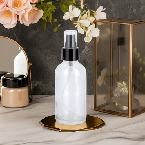 JUVITUS 4 oz Clear Glass Boston Round Bottle with Black Treatment Pump (12 Pack) + Funnel