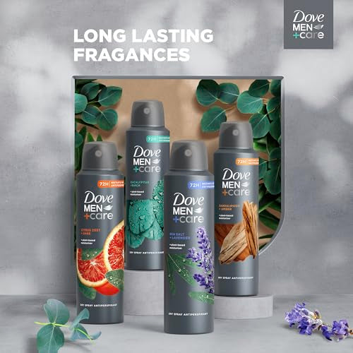 Dove Men+Care Dry Spray Antiperspirant Cedarwood + Tonka 4 Count 72H Protection with a Plant-Based Moisturizer 3.8 oz