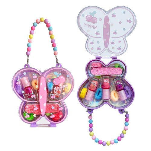 M&U MAKE YOU UP Butterfly Jewelry Case Nail & Hair Set - 3 Quick-Dry Polishes + 5 Fuzzy Elastics | Portable Beaded Clutch for Teens, FashionGift with Floral Charm Party Favors