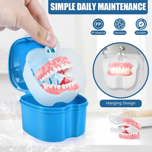 KISEER 2 Pack Colors Denture Bath Case Cup Box Holder Storage Soak Container with Strainer Basket for Travel Cleaning (Light Blue and Pink)