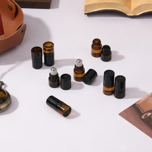 RAMFIYN 30 pack 1ml Amber Glass Roller Bottles for Essential Oils Refillable Roll-on Applicator with Stainless Steel Roller Balls Mini Leak-proof Makeup Containers with Pipettes and Bottle Opener