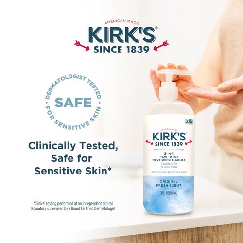 Kirk's 3-in-1 Head to Toe Nourishing Liquid Cleanser & Travel Size Bar Soap - for Men, Women & Children - Premium Coconut Oil and Aloe Vera- Non GMO & Vegan -Original Fresh Scent - 32 Fl Oz. 2 pack