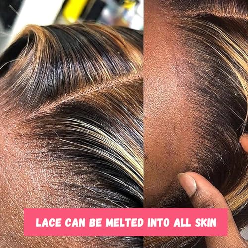 Highlight Ombre Lace Front Wig Human Hair 28 Inch Black Mixed Honey Blonde #1B/30 Colored Pre Plucked Bleached Knots 13x4 HD Transparent Lace Front Wigs 150% Density for Women Glueless Virgin Hair
