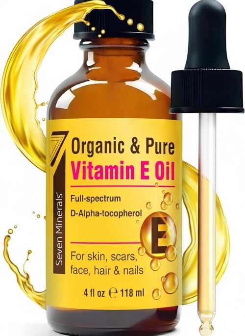 Seven Minerals Ultra Pure Vitamin E Oil - Full-Spectrum D-Alpha Tocopherol per 4 Oz Bottle - 100% Organic Vitamin E Oil for Skin, Face, Hair and Scars - Naturally Occurring=Not Synthetic