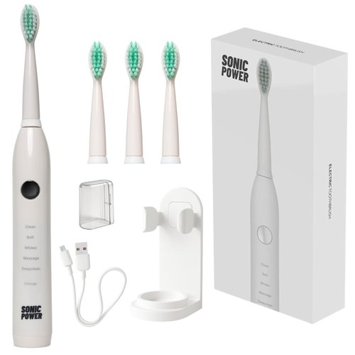 SonicPower Electric Toothbrush Kit, Ultra Portable & Lightweight with 5 Cleaning Modes, 1 Year Supply of Brush Heads, Rechargeable Battery, Mirror Mount & Travel Cap Included (White)