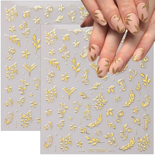 6 Sheets Gold Nail Stickers 3D Metallic Flower Leaf Nail Art Stickers 3D Self Adhesive Gold Nails Designs Accessories Cherry Blossom Flower Nails Decals for Women Girls DIY Summer Manicure Decoration
