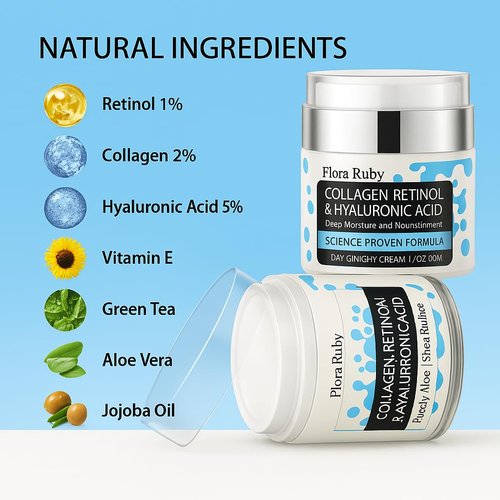 Flora Ruby Anti-Aging Face Moisturizer Cream with Collagen, Retinol & Hyaluronic Acid – Hydrating Firming Cream for Face & Neck – Reduce Wrinkles & Fine Lines – 1.7 fl oz