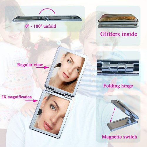 Beaufy Small Magnifying Makeup Compact Mirror Set Folding Portable Handheld Mini Rectangle Pocket Purse Mirrors Bulk with 1x/2x Magnification Floating Glitters - Gift for Women Girl Pack of 4