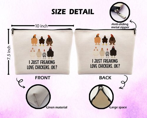Dwept I Just Freaking Love Chickens OK Makeup Cosmetic Bag，Funny Chicken Hen Linen Makeup Travel Toiletry Bag, Farmhouse Rustic Chicken Cosmetic Bag Gifts For Farm Girls Women,Chicken Lovers Gifts