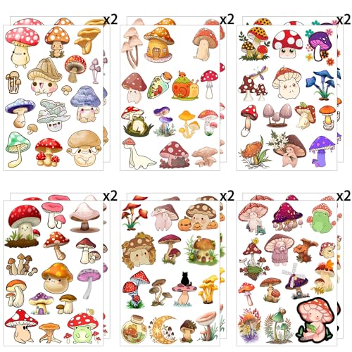12 Sheets Mushroom Temporary Tattoos for Kids, Mushroom Birthday Party Supplies Decorations Cute Fake Tattoos Mushroom Party Favors for Boys Girls Children Goodie Bag Fillers Party Gifts Stickers