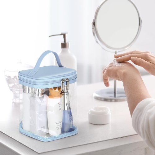 HAOGUAGUA Premium Clear Makeup Bag with Inner Pocket, Transparent Cosmetic Pouch for Travel or Everyday Use, Waterproof Beach Bag for Sunscreen Skincare (Blue 1pcs)
