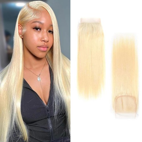 613 Blonde 5x5 Lace Closure, 12A Grade Human Hair 613 Closure Pre Plucked With Baby Hair Blonde Color Brazilian Virgin Straight Hair Invisible Lace Frontal Closure Free Part 14 Inch