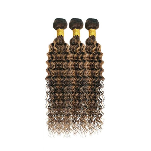 Brown Human Hair Bundles P427 Highlight Honey Blonde Deep Wave 3 Bundles Human Hair 14 16 18 Inch Double Weft Grade 12A Unprocessed Virgin Remy Hair 2 Tone #4 Mixed With Color 27 50g Per Bundle