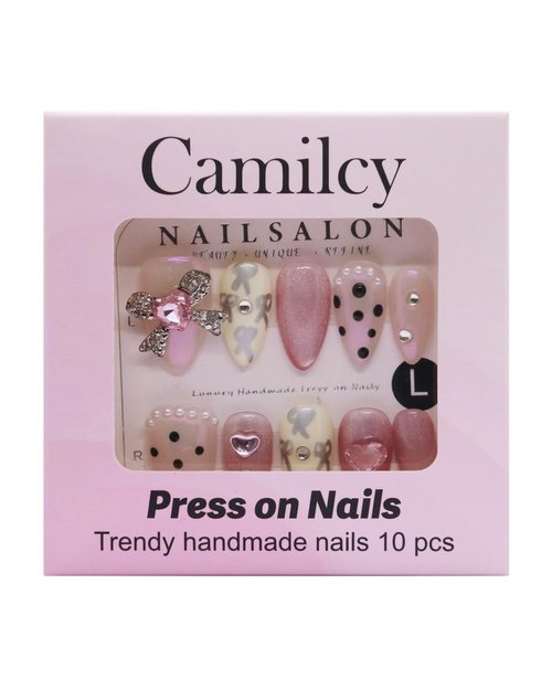 CAMILCY Press on Nails Handmade Nails Luxury Reusable Fake Nails For Girls Short Almond Armor White pink Diamonds HandPainted Salon Loveful Design Acrylic Gel UV Finished For Women 3D Nails 10PCS L