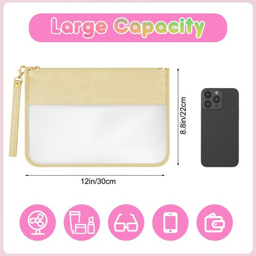 Morcheiong Nylon Clear Zipper Pouch with Wristlet Clear Travel Makeup Bag DIY Chenille Letter Bag Cosmetic Pouch Toiletry Bag for Women Girls (Beige)