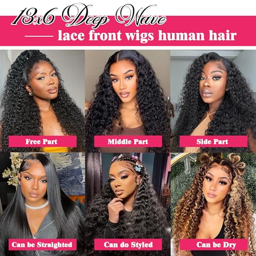 Deep Wave Lace Front Wigs Human Hair 13x6 Hd Lace Front Wig For Women 180% Density Deep Curly Wig Pre Plucked With Baby Hair Wet And Wavy Glueless Wig Natural Black Color 20 Inch