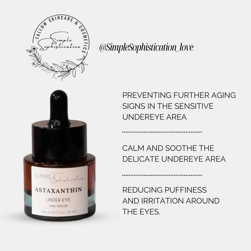 Astaxanthin Under Eye Serum with EMU oil - 0.67 fl. oz./ 20 mL | Emu oil serum | Powerful antioxidant astaxanthin | Sea Buckthorn, Squalane, Aloe Vera, Coffee |Preservative free | 100% Natural