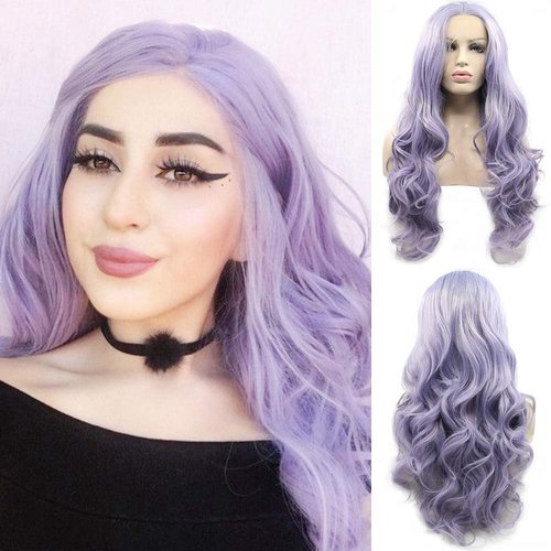 Lilac Purple Lace Front Wigs for Women Soft Wavy Lavender Hair Wig Natural Hairline Realistic Mix Color Long Purple Glueless Synthetic Heat Resistant Fiber Hair Drag Queen Cosplay 24Inch