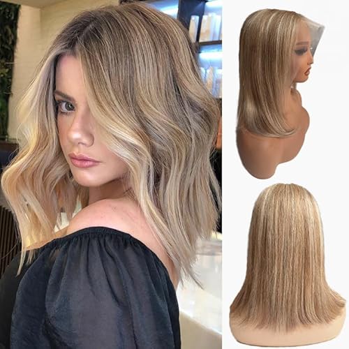 Belaved 8T860 16 Inch Ombre Bob Wig Human Hair Highlight Brown to Blonde 13¡¿6 Glueless HD Lace Front Bob Wigs with Baby Hair Free Part Pre Plucked Hairline Straight Bob Wig Human Hair for White Women