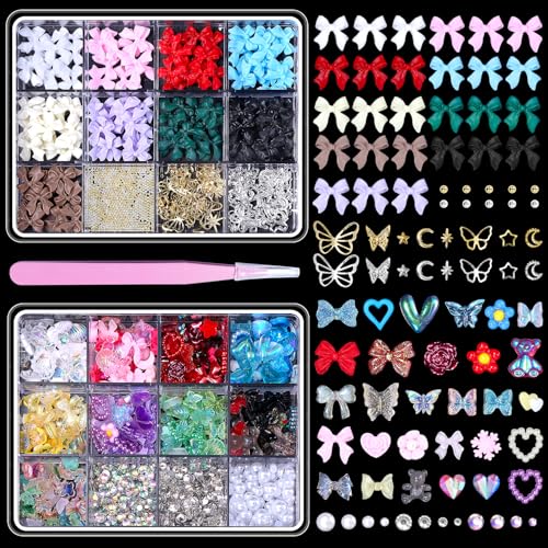 2 Boxes 3D Bow Nail Art, Carviar Beads for Nail Art, Assorted Flower Heart Butterfly Acrylic Bows Nails Charms with Pearls Gems Bead for Nail Design DIY Y2K Supplies