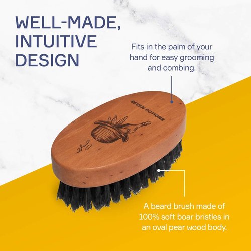 Seven Potions Beard Brush For Men - Pear Wood Handle with Soft Second-Cut Boar Bristles - Soft Bristles To Tame and Soften Your Facial Hair